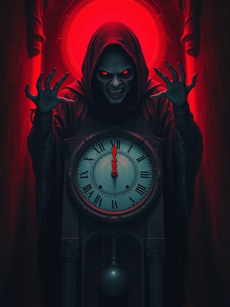 Sinister Grandfather Clock with Red Glowing Eyes