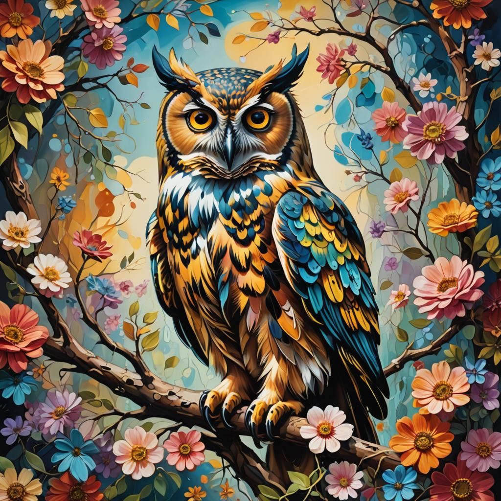 Owl in Vibrant Oil Painting with Flowers