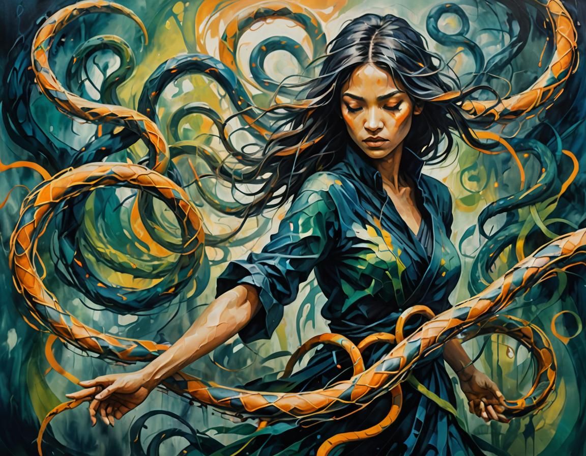 Girl with Thorn Snakes in Abstract Expressionism