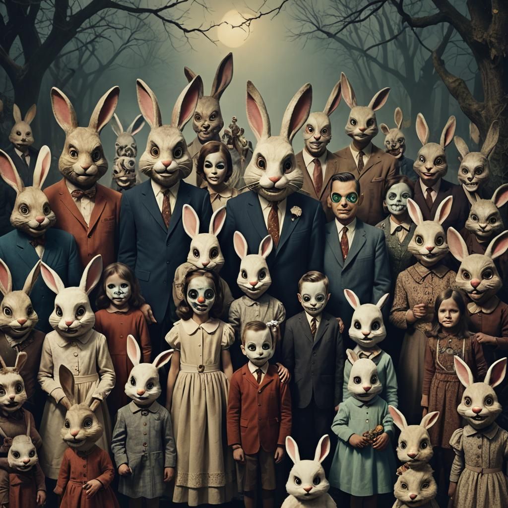 Creepy Family in Rabbit Masks, Vintage Style