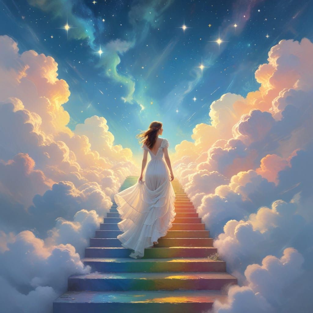 Woman Ascending Rainbow Stairway: Celestial Concept Art