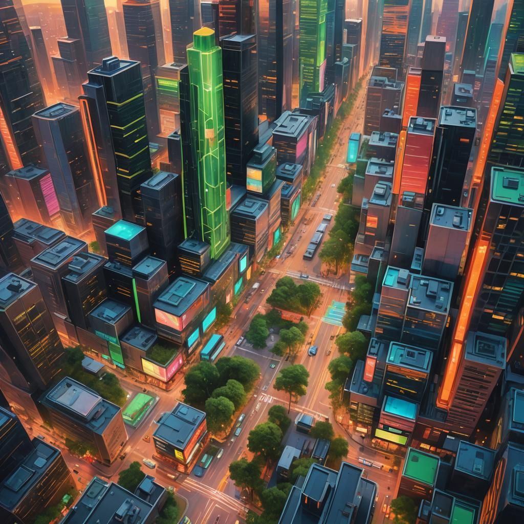 Futuristic Cityscape with Green Skyscrapers in Oil Painting ...