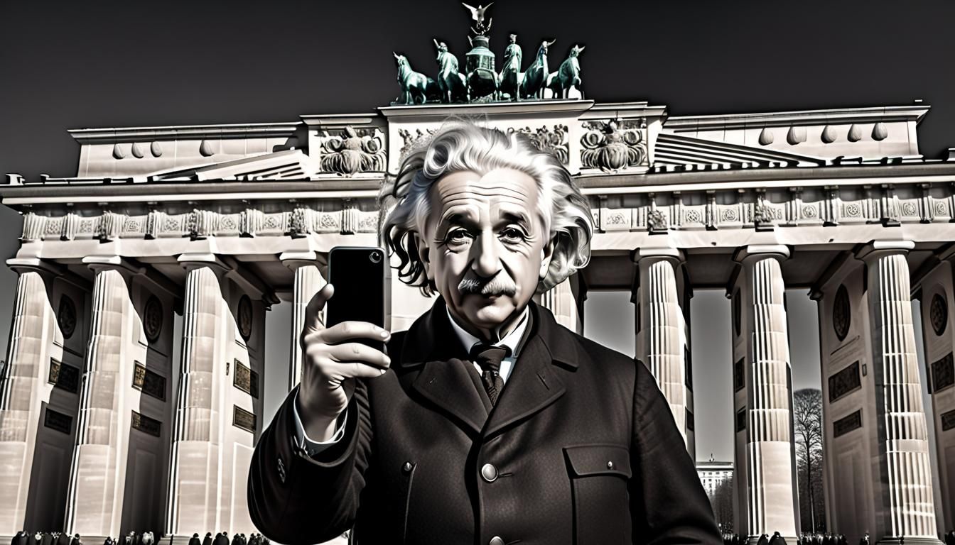 Einstein's Selfie at Brandenburg Gate: Hyperrealistic Photo