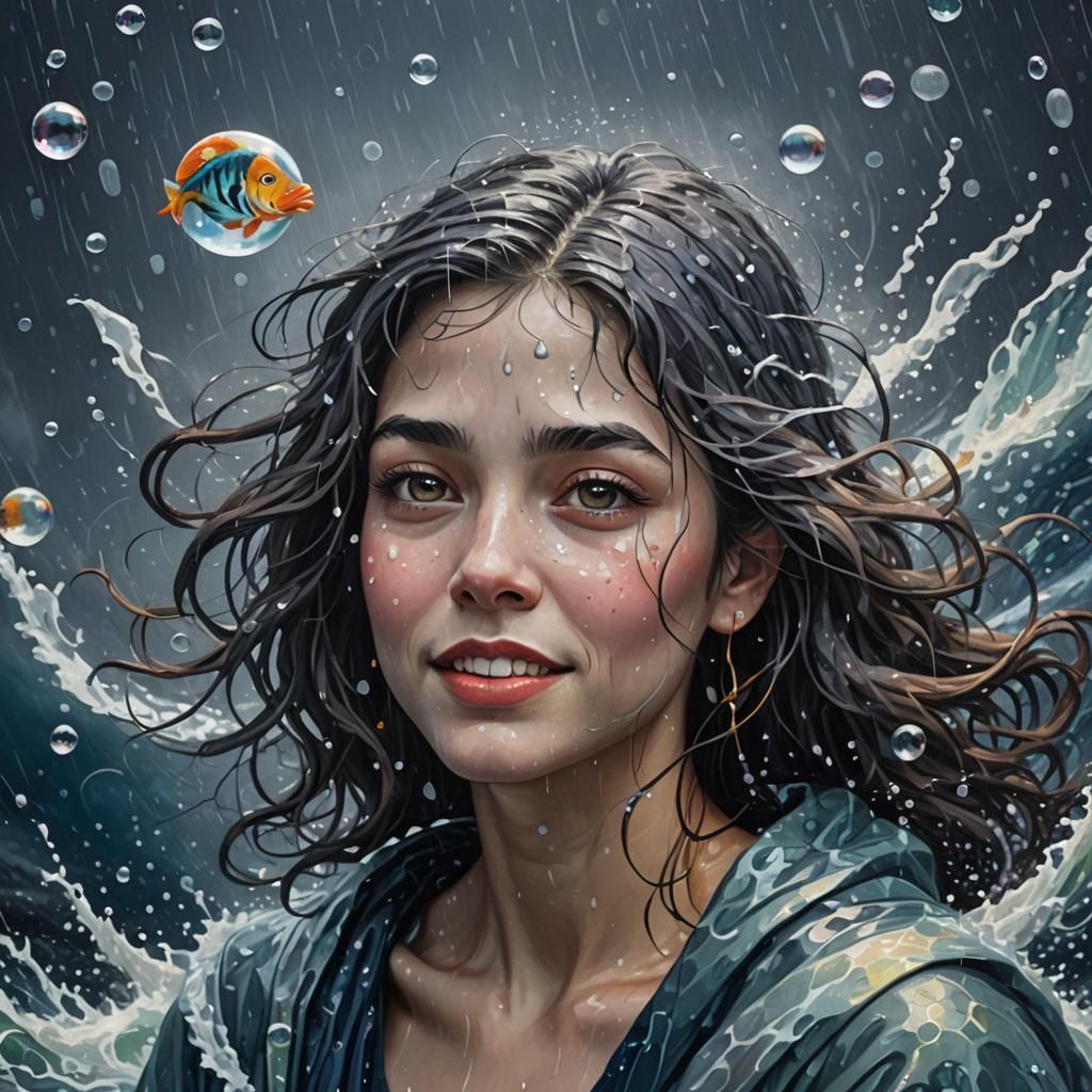 Siren in Rain: Neo-Impressionist Portrait with Fake Smile