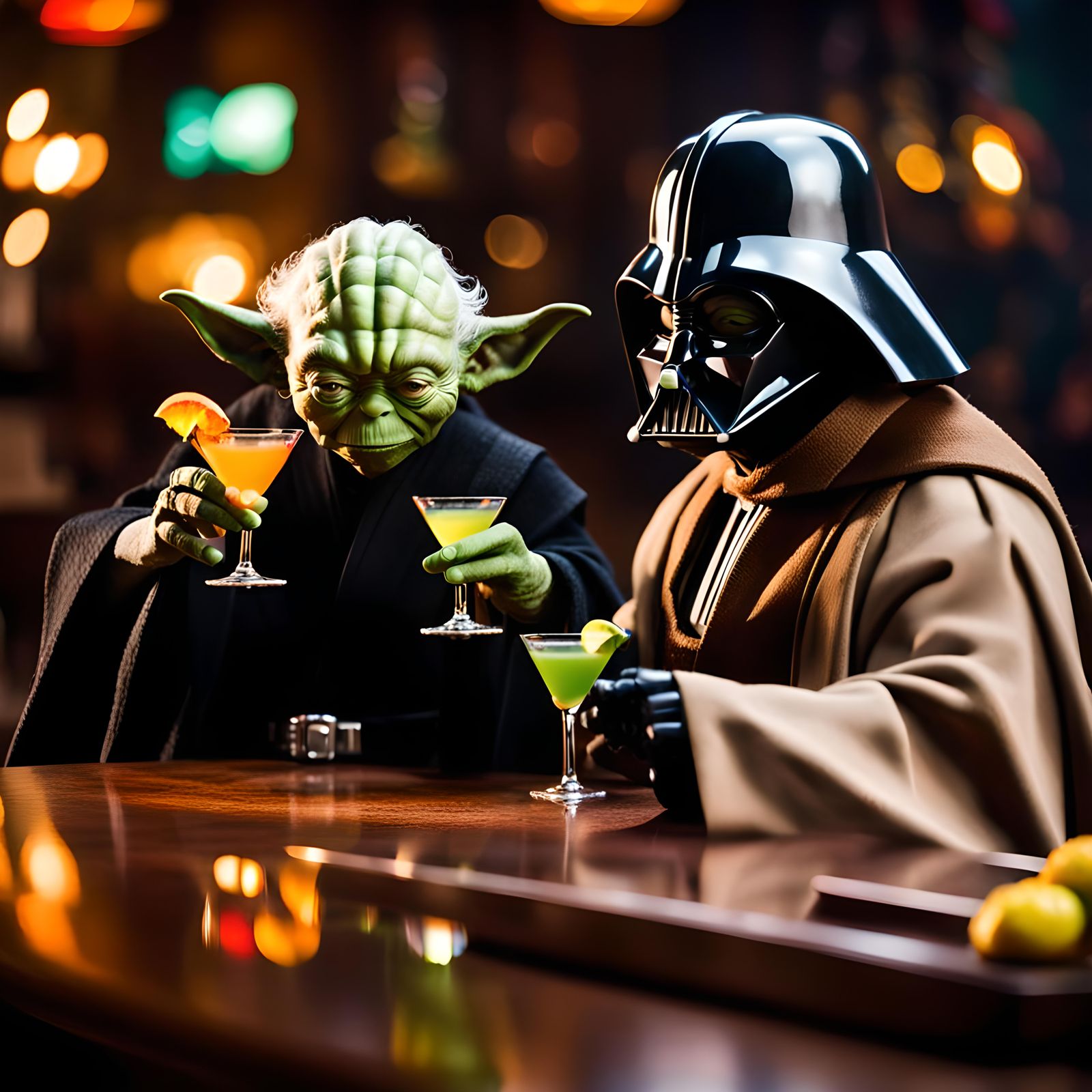 Yoda and Darth Vader at a saloon drinking martinis with flam...