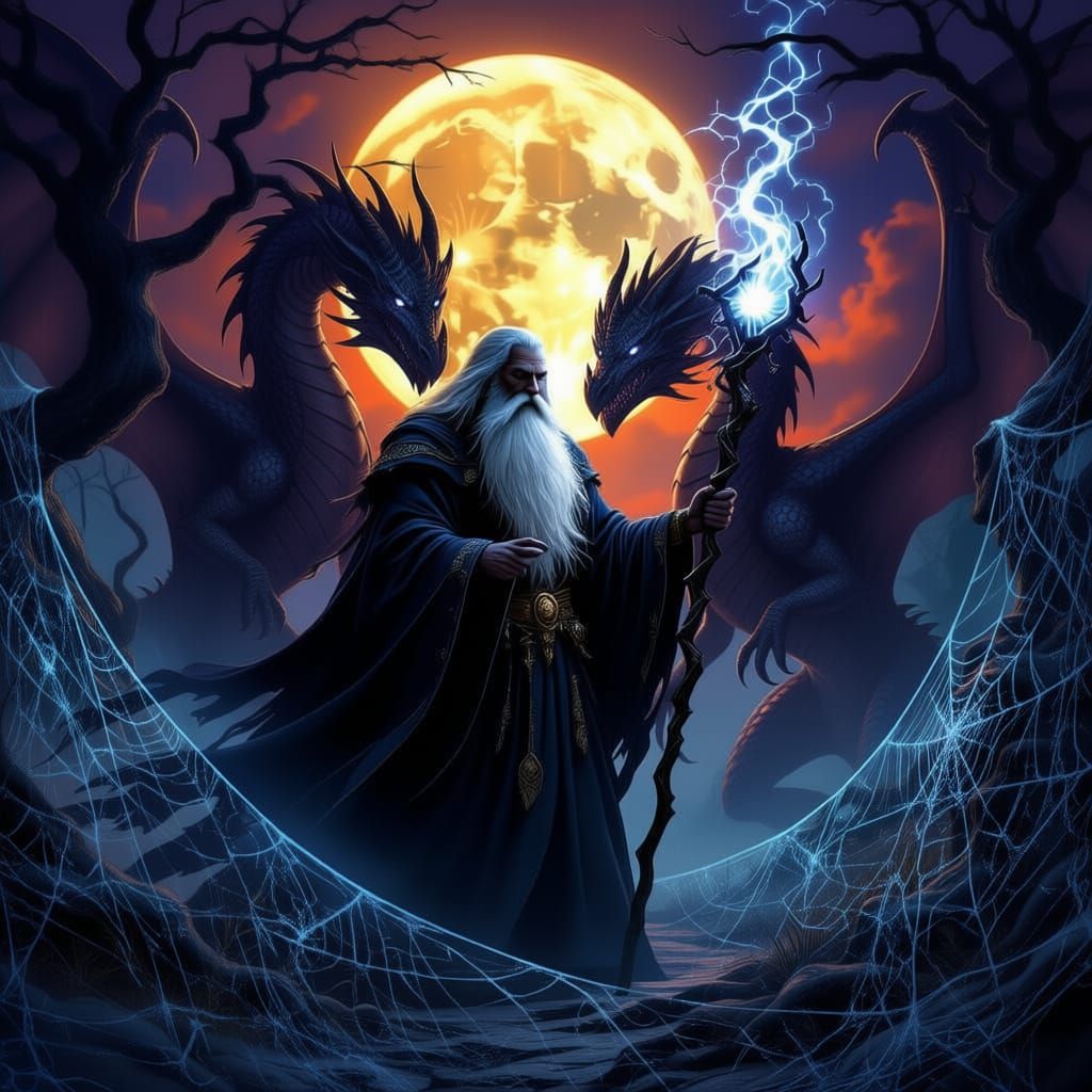 Wise Wizard on Moonlit Peak with Dragons and Glowing Webs