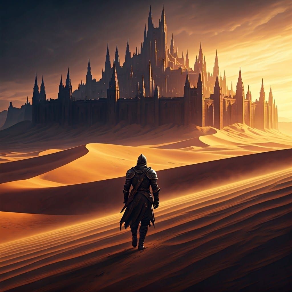 Epic Desert Fortress Encounter in Dark Fantasy Style