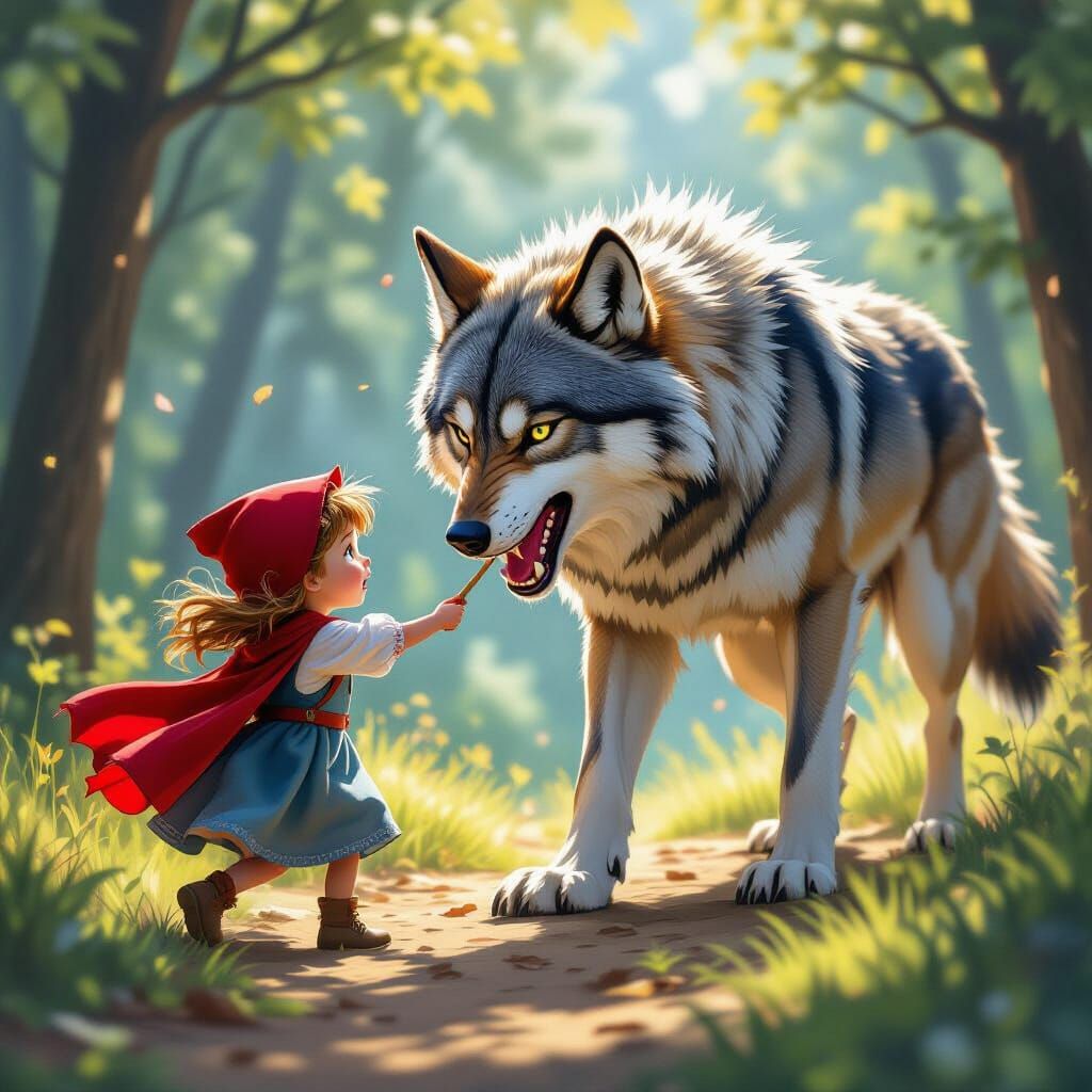 Brave Children Confront Menacing Wolf in Fairy Tale Scene