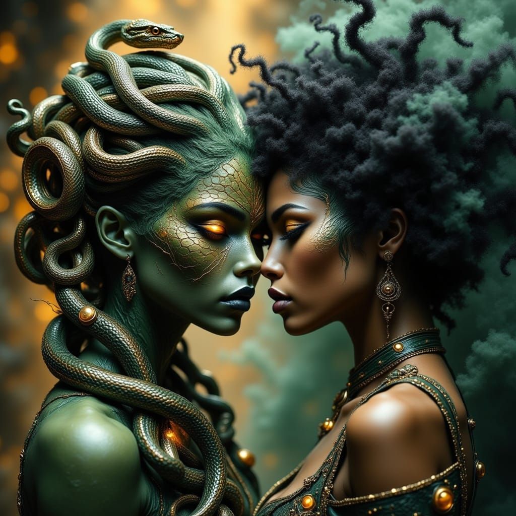 Medusa and Her Blind Girlfriend in Cyberpunk Style