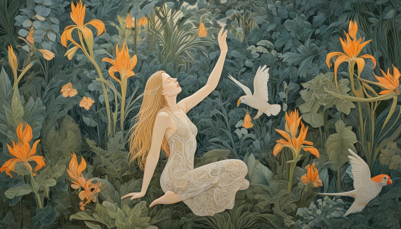 Ethereal Woman in Lush Fritillaria Landscape