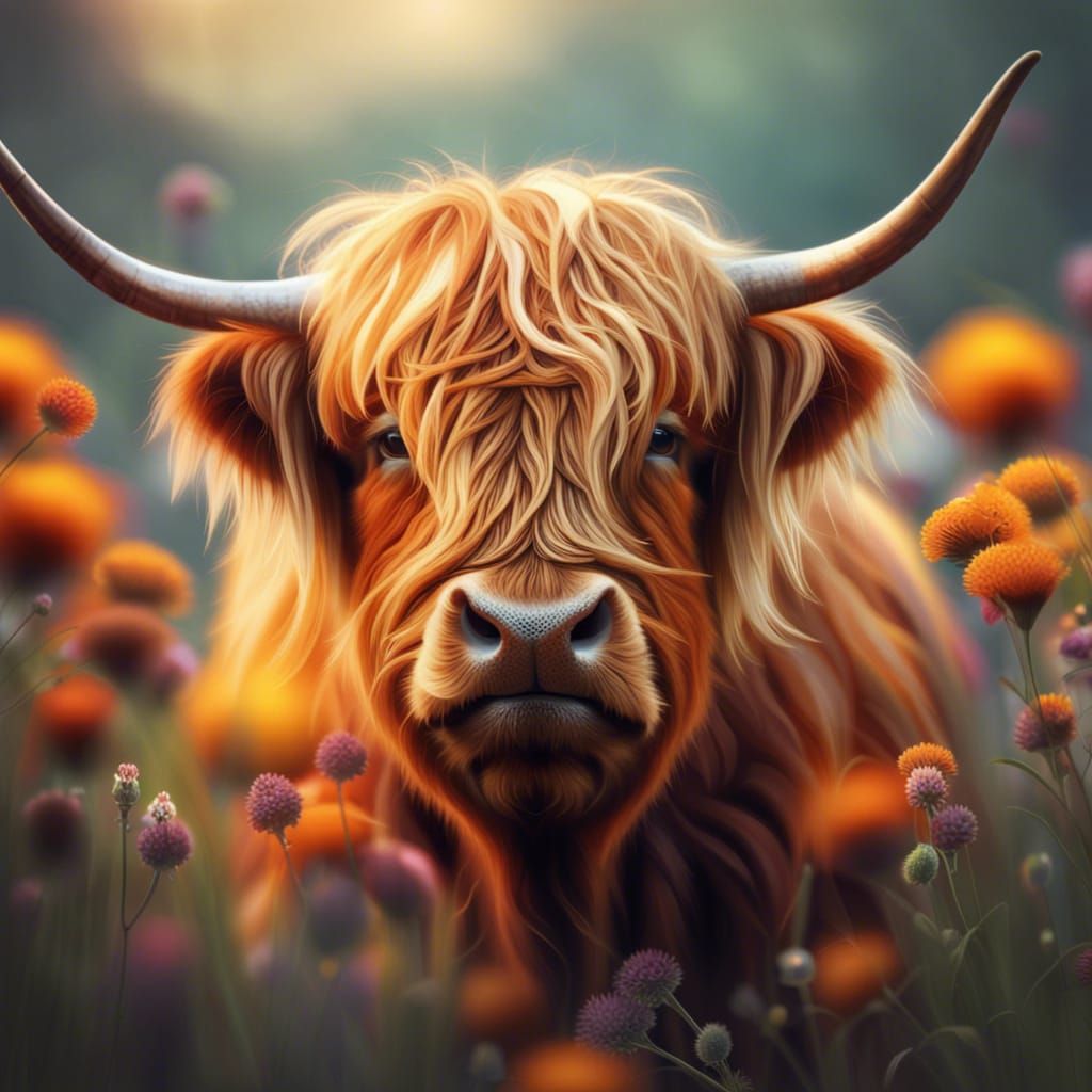 Highland Cow with Bumblebee, Detailed Matte Painting