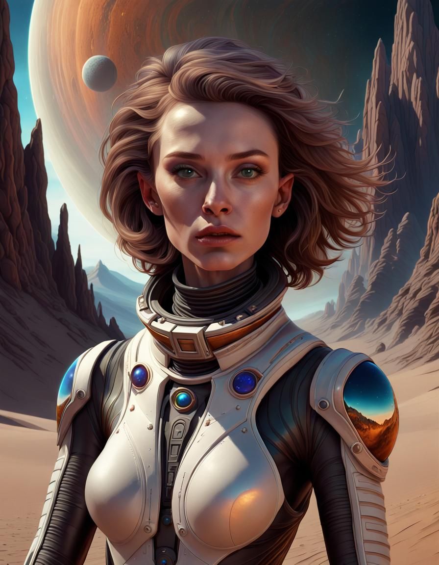 Elegant Lady in Spacesuit on Alien Planet