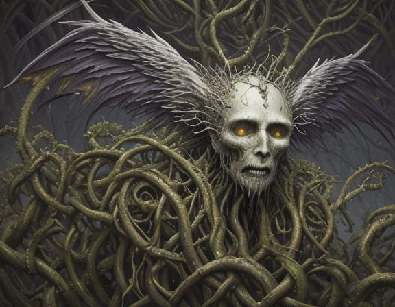 Grotesque Angelic Form with Thorny Vines in Avant-Garde Styl...
