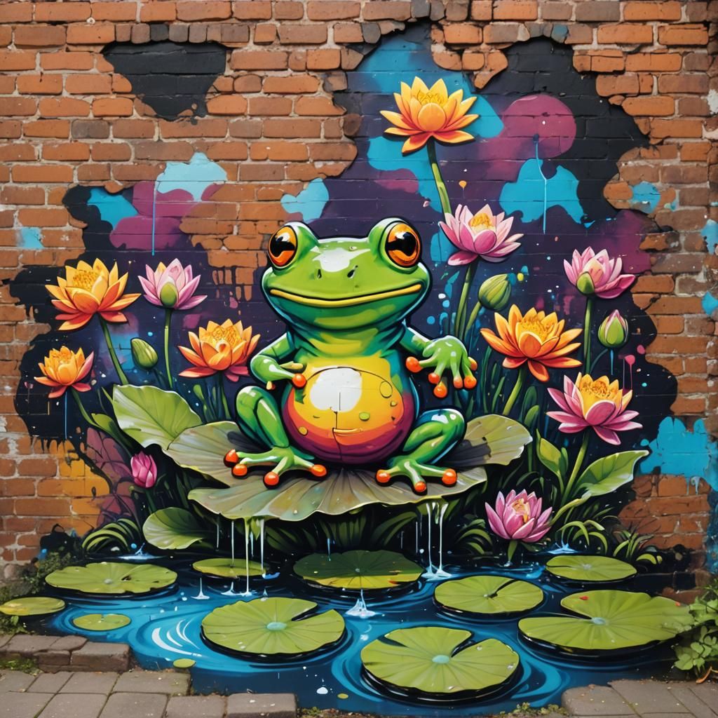 Happy Frog Rides Lily Pad Mural in Graffiti Style