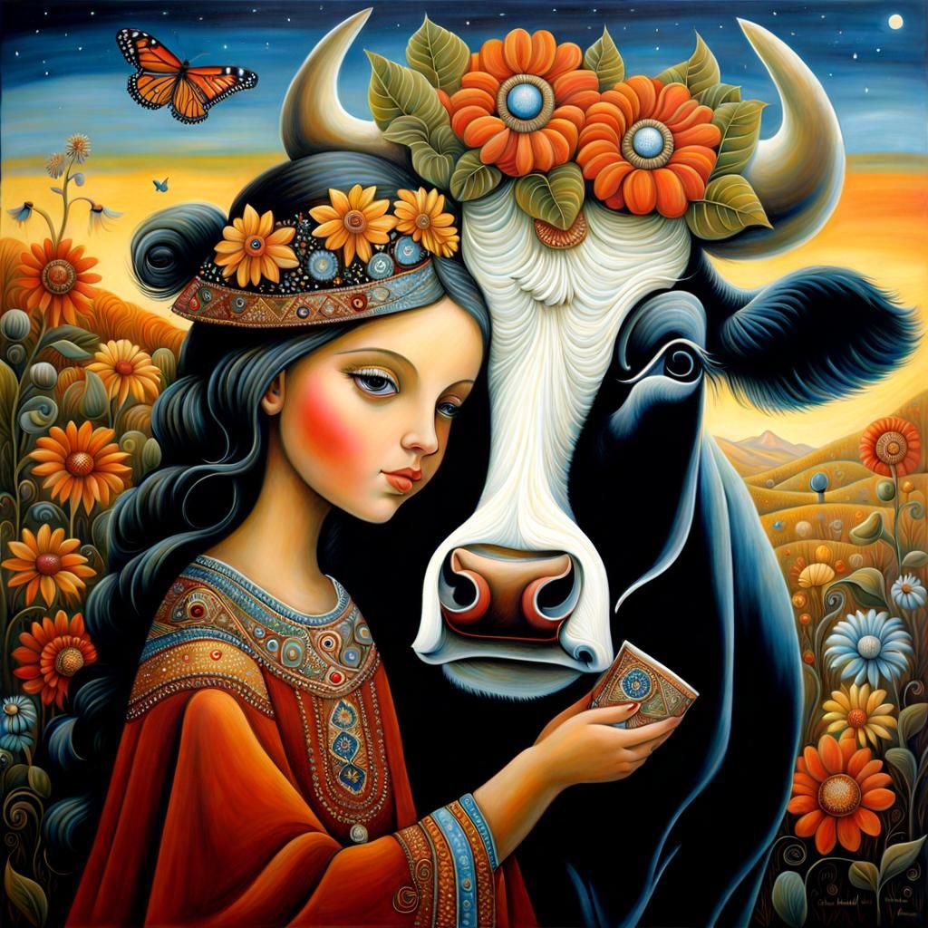 Girl and Cow in Surreal Folk Art Style