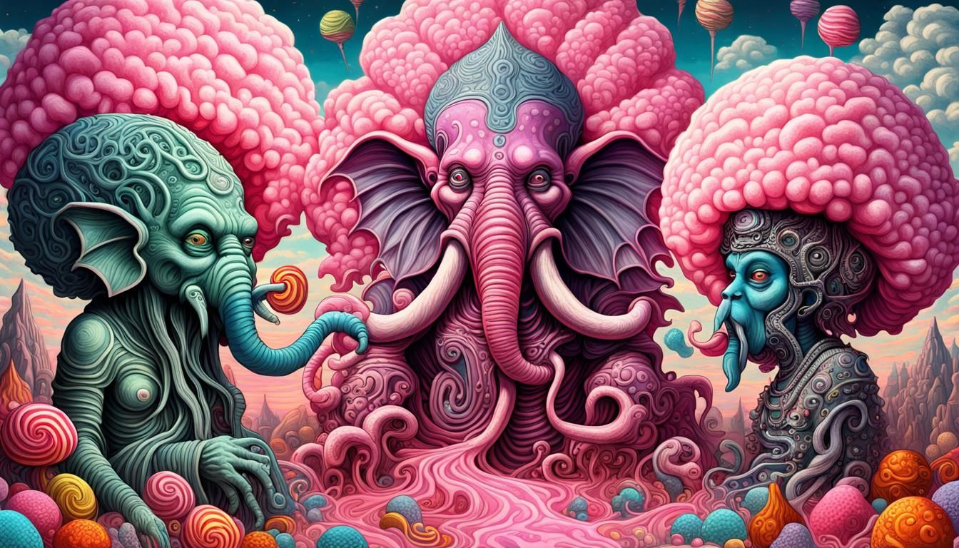 Cthulhu and Ganesh share a big Cotton Candy in a Candyland Afterlife