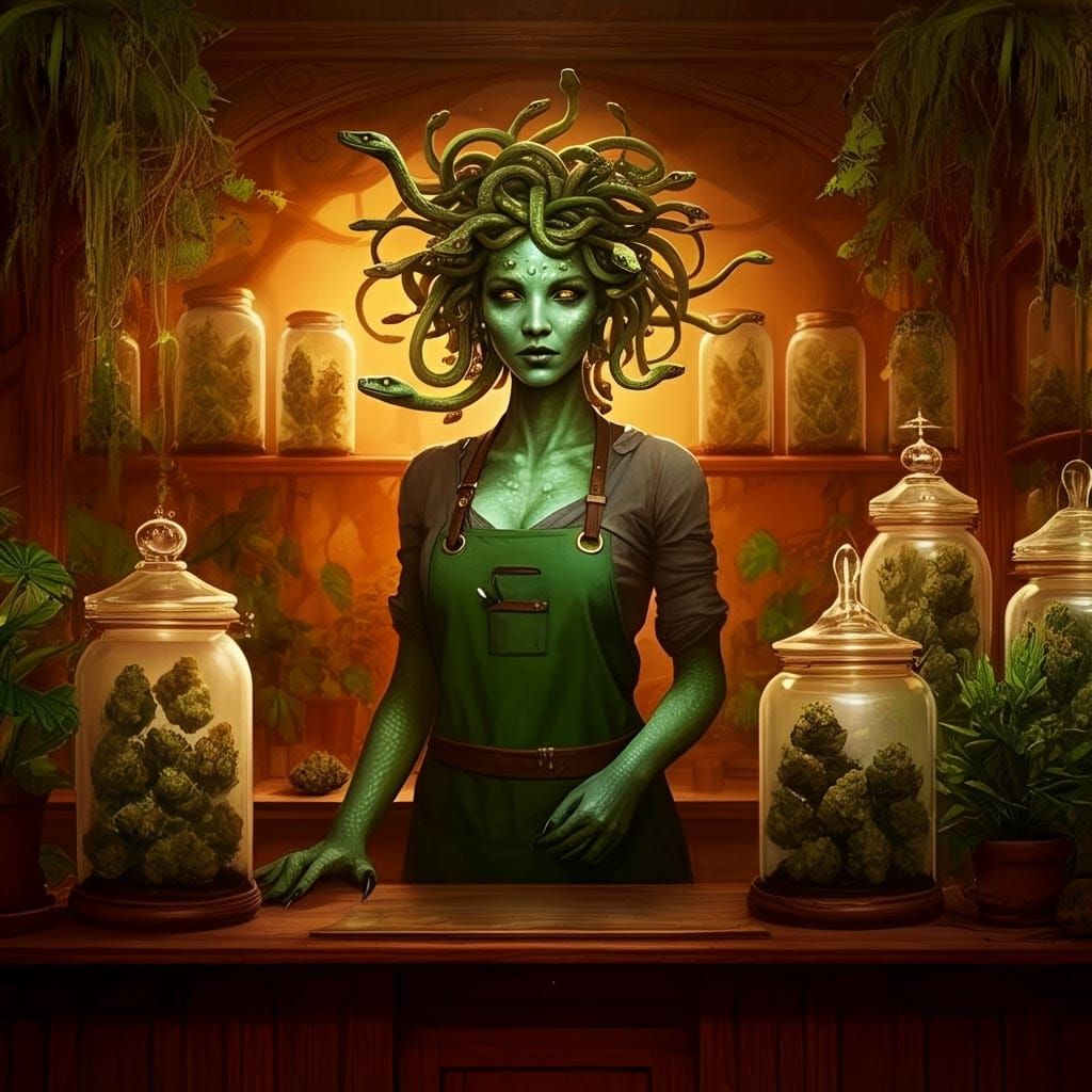 Mystical Apothecary with Gorgon Medusa and Cannabis Strains