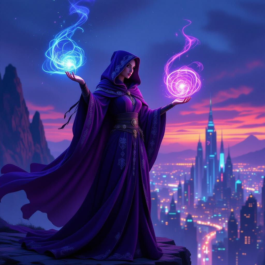 Enchantress Conjures Magic Over Neon Cityscape