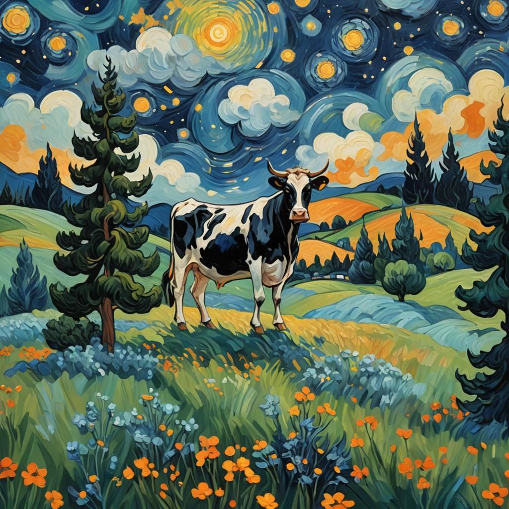 Swiss Cow in Starry Night Field: Van Gogh Style