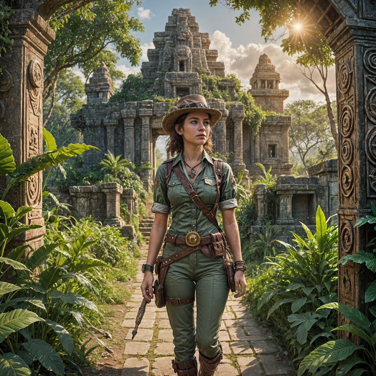Steampunk Explorer at Mayan Temple Ruins