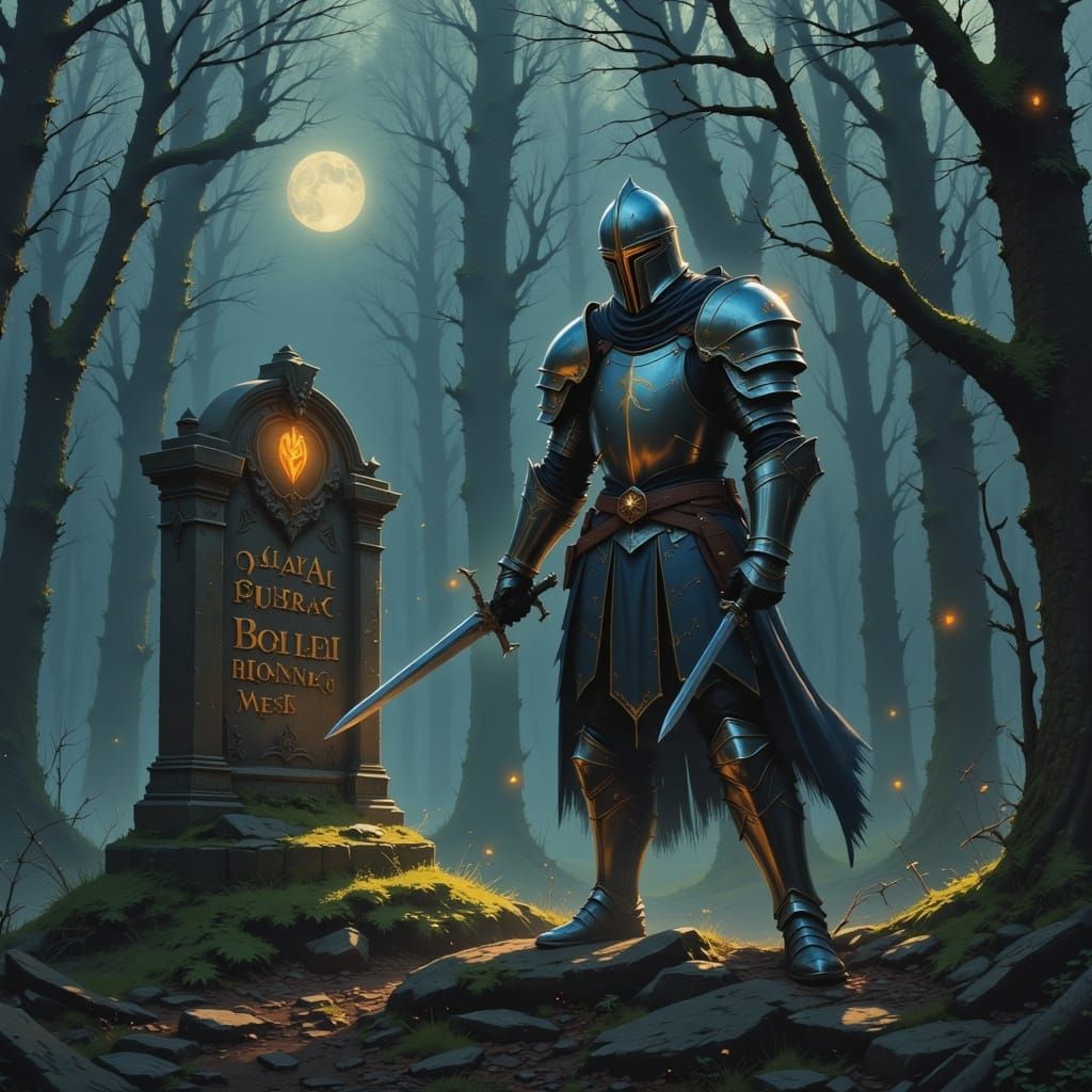 Spectral Knight Guards Tomb in Dark Fairytale Forest