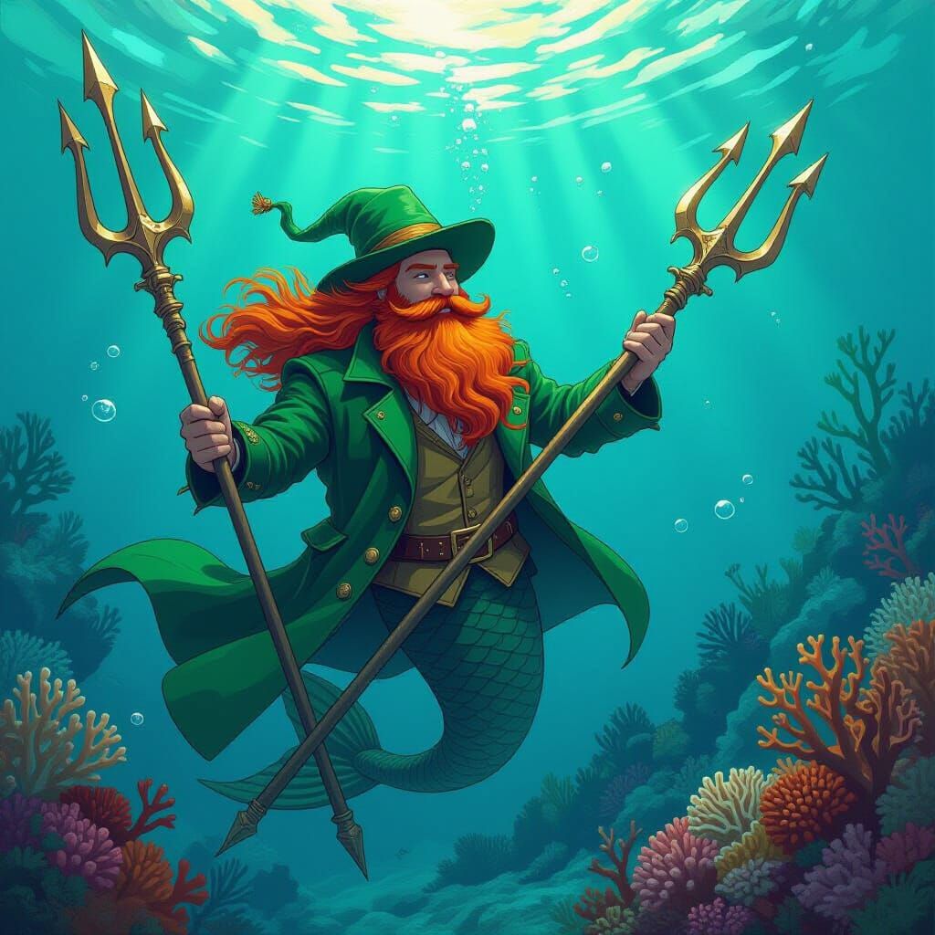 Whimsical Merman with Trident in Aquatic Scene