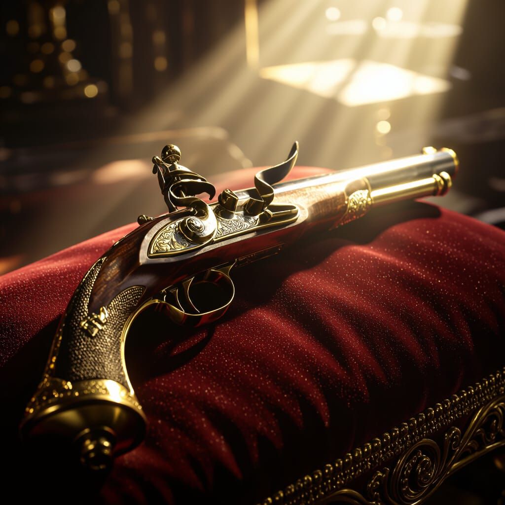 Ornate Golden Flintlock Pistol on Velvet Cushion