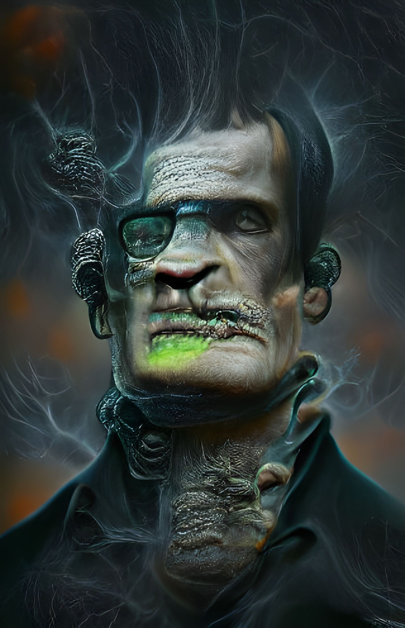 Creepy Frankenstein Monster in Black Smoke