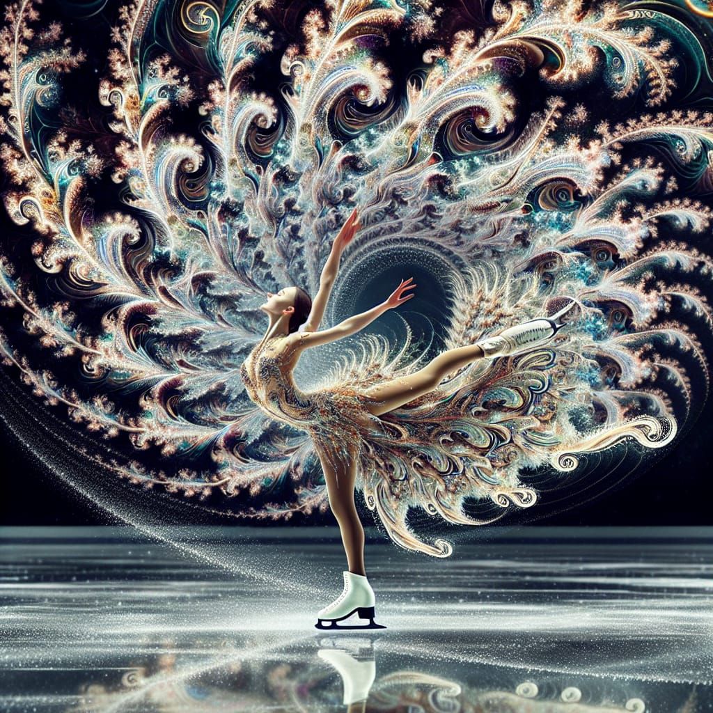 Elegant Skater in Whirling Fractal Snowflakes
