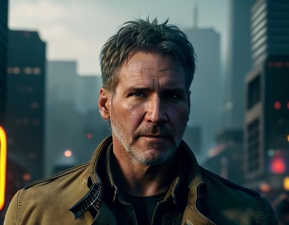 Harrison Ford as Rick Deckard in Cyberpunk World