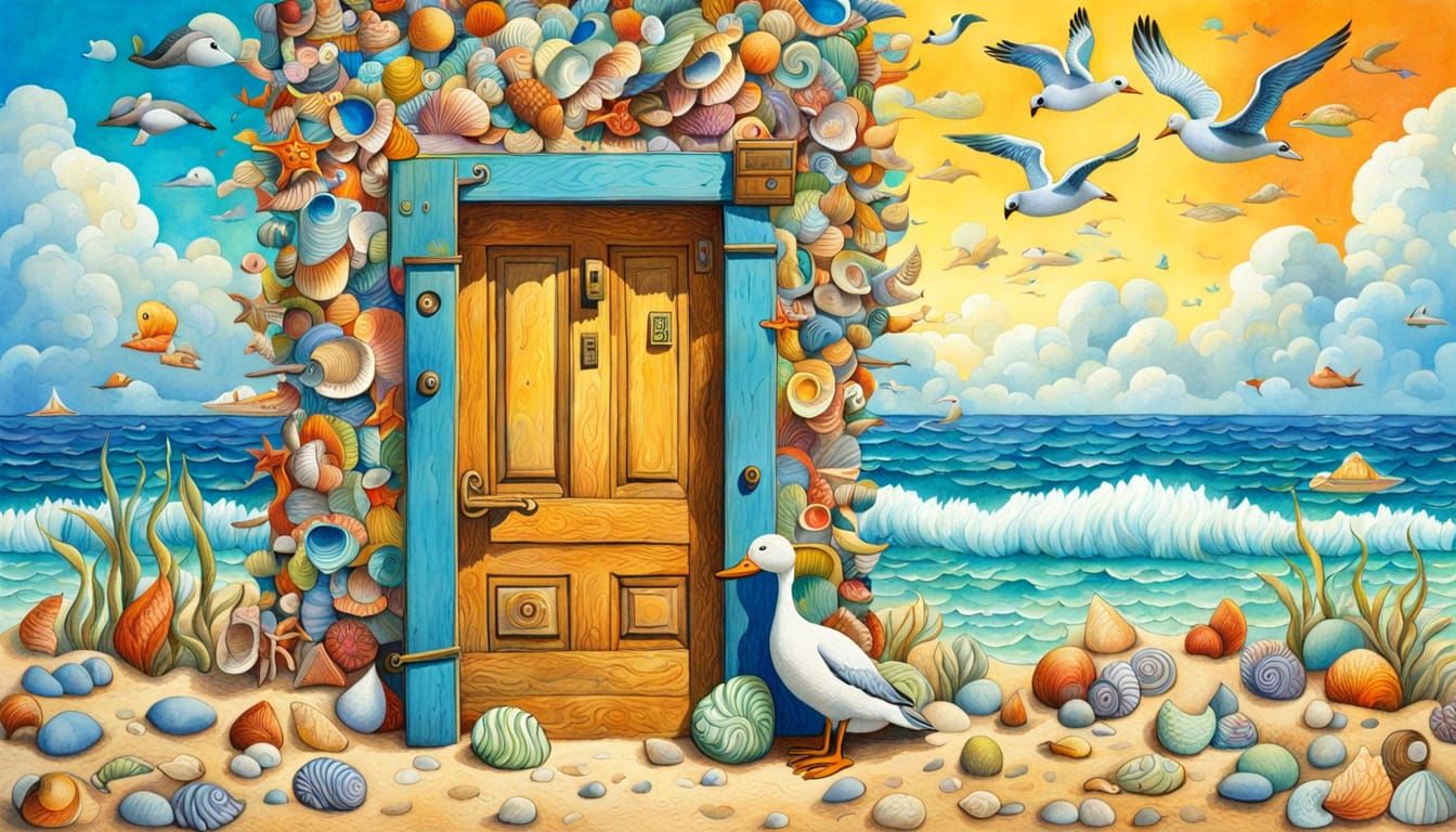 Beach Doorway with Duck in Watercolor Style