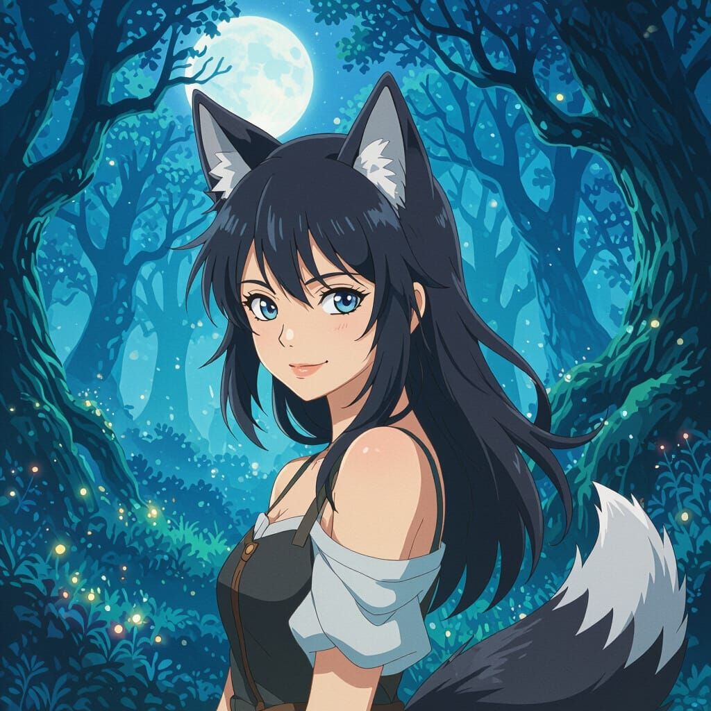 Anime Wolf Girl in Moonlit Forest
