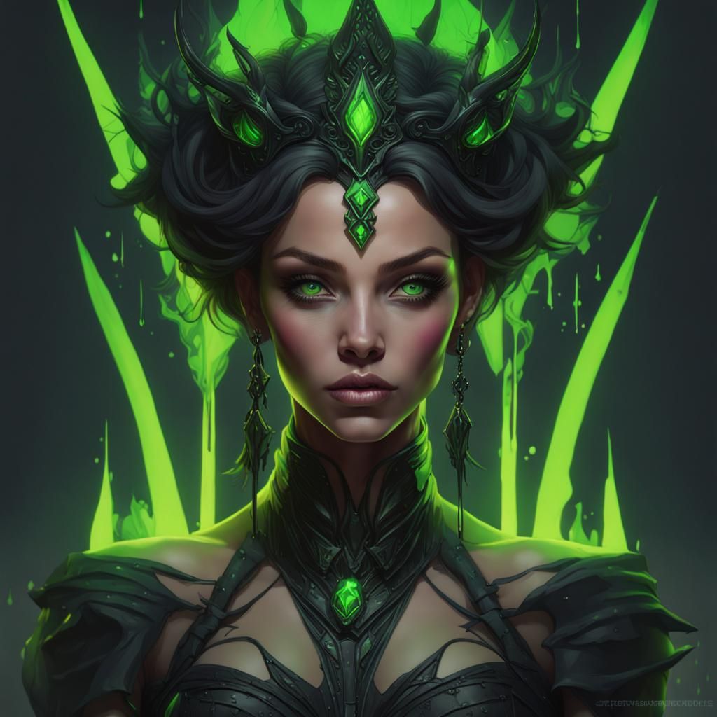 Evil Fantasy Princess Portrait in Black and Neon Green