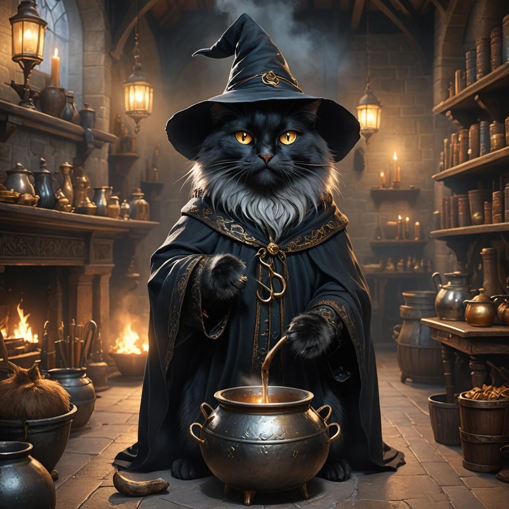 Black Cat Wizard Stirring Cauldron, Fantasy Art