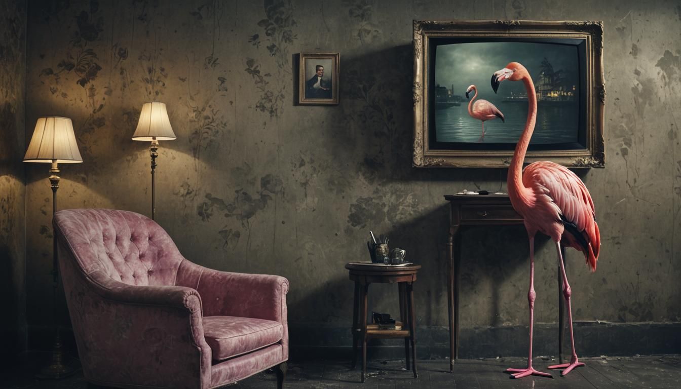 Gloomy Hotel Room with Pink Flamingo