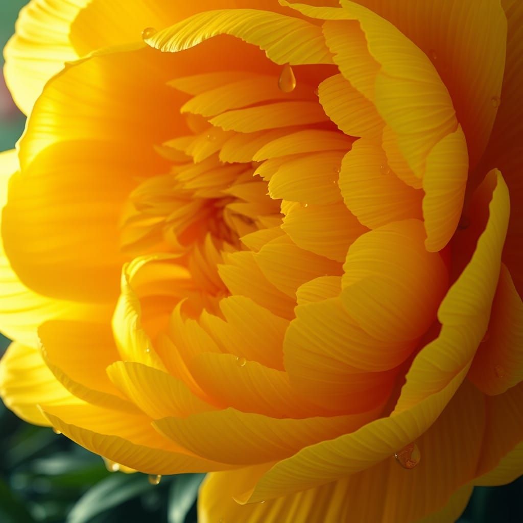 Radiant Yellow Peony with Raindrops: Fantasy Art