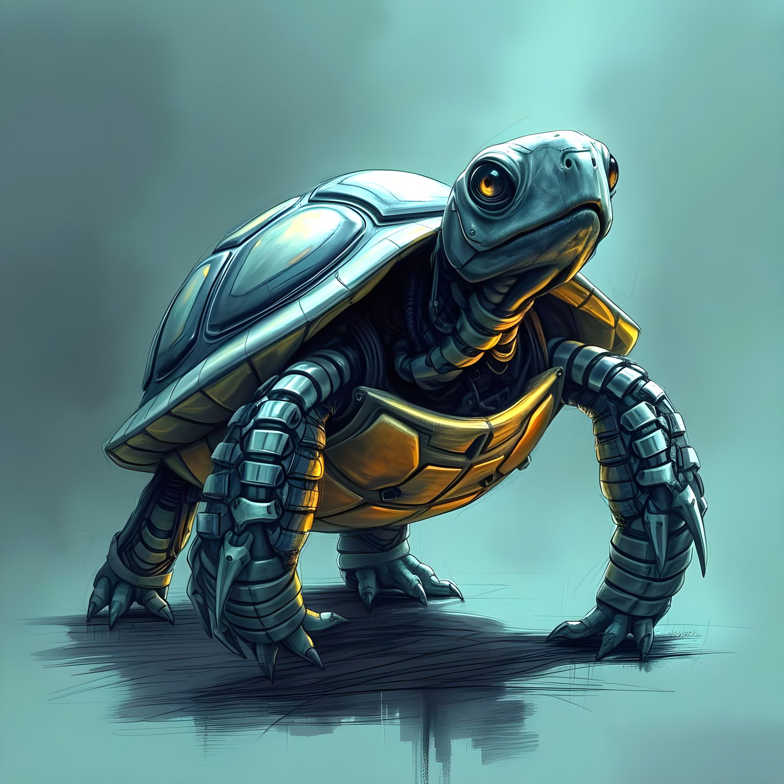 Cyberpunk Cyborg Turtle in Futuristic Cityscape