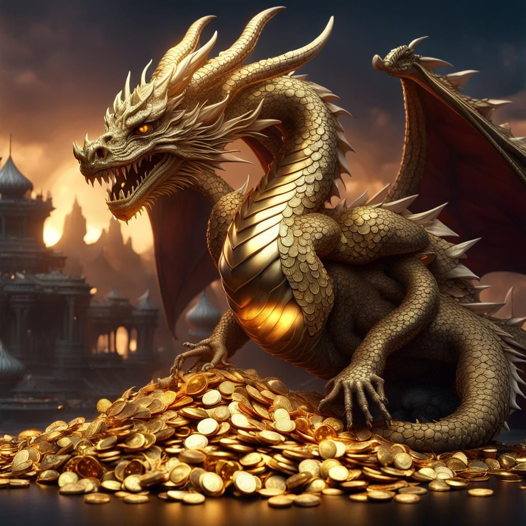 Gold Dragon with Treasure Horde in Fantasy Art