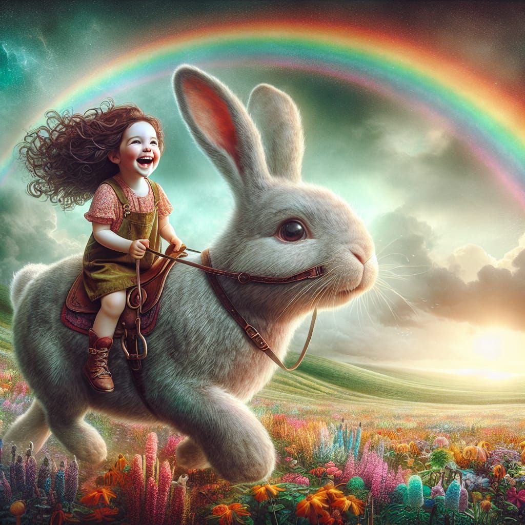 Toddler Girl Rides Giant Bunny in Cartoon Landscape