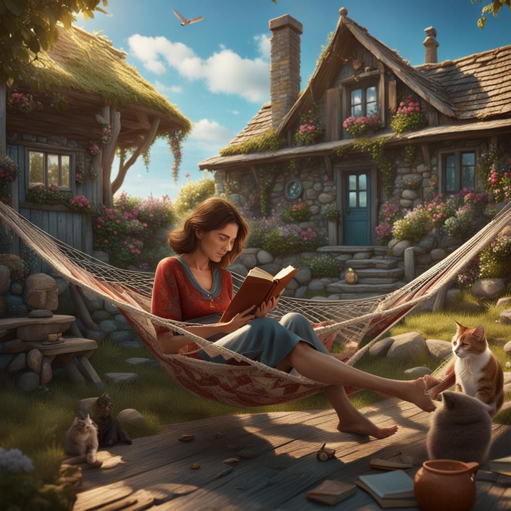 Woman and Cat Reading by Coastal Cottage: Matte Painting