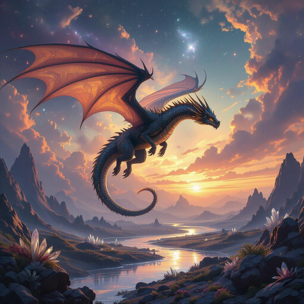 Cosmic Dragon Soaring Over Alien Landscape