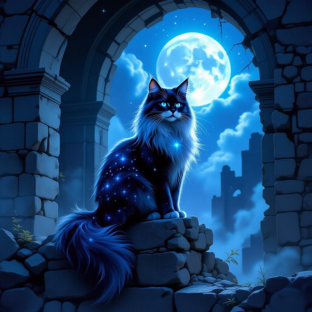 Ethereal Starry Cat on Ancient Ruin