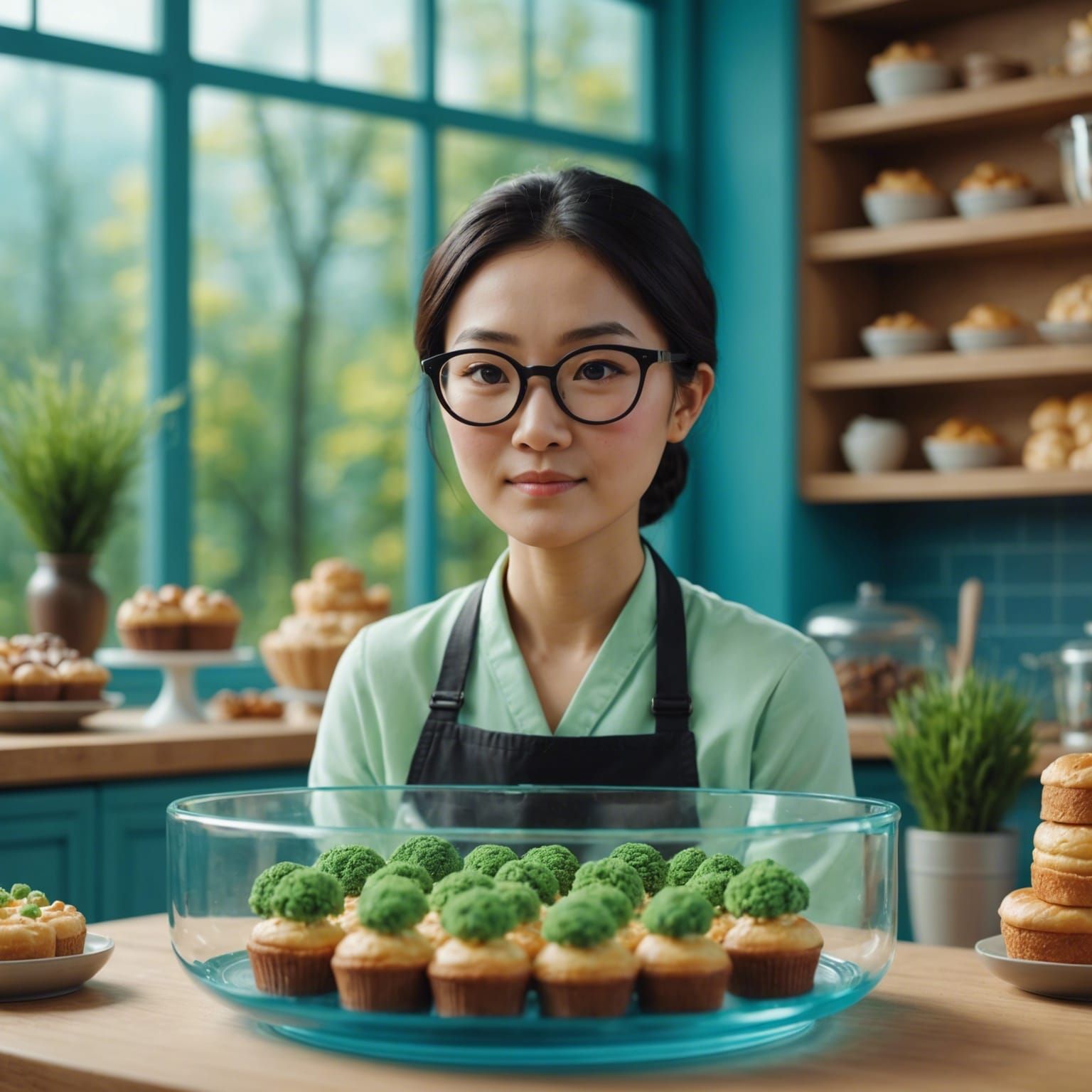 Miniature forest landscape.  a Asian lady baker wearing a bl...