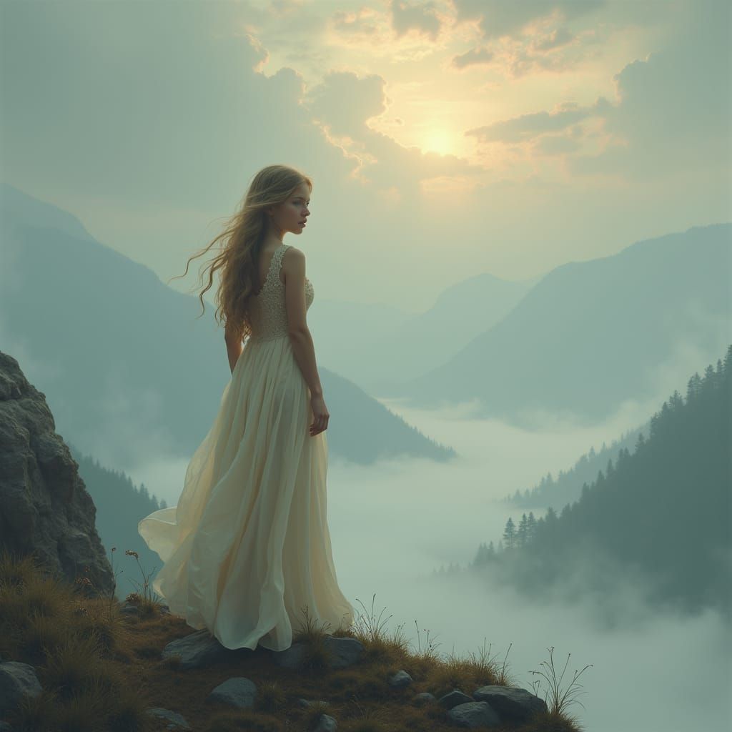 Ethereal Maiden on Mountain Peak in Soft, Muted Hues