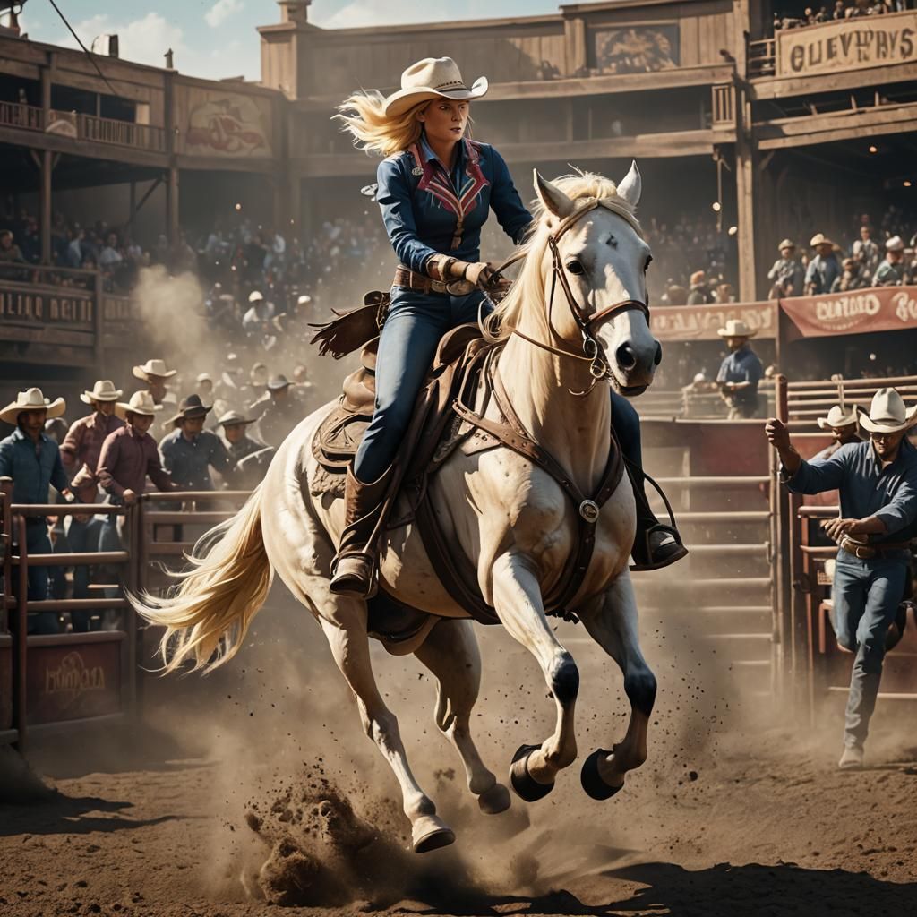 Blonde Woman Rodeo Barrel Rider: Detailed Digital Art