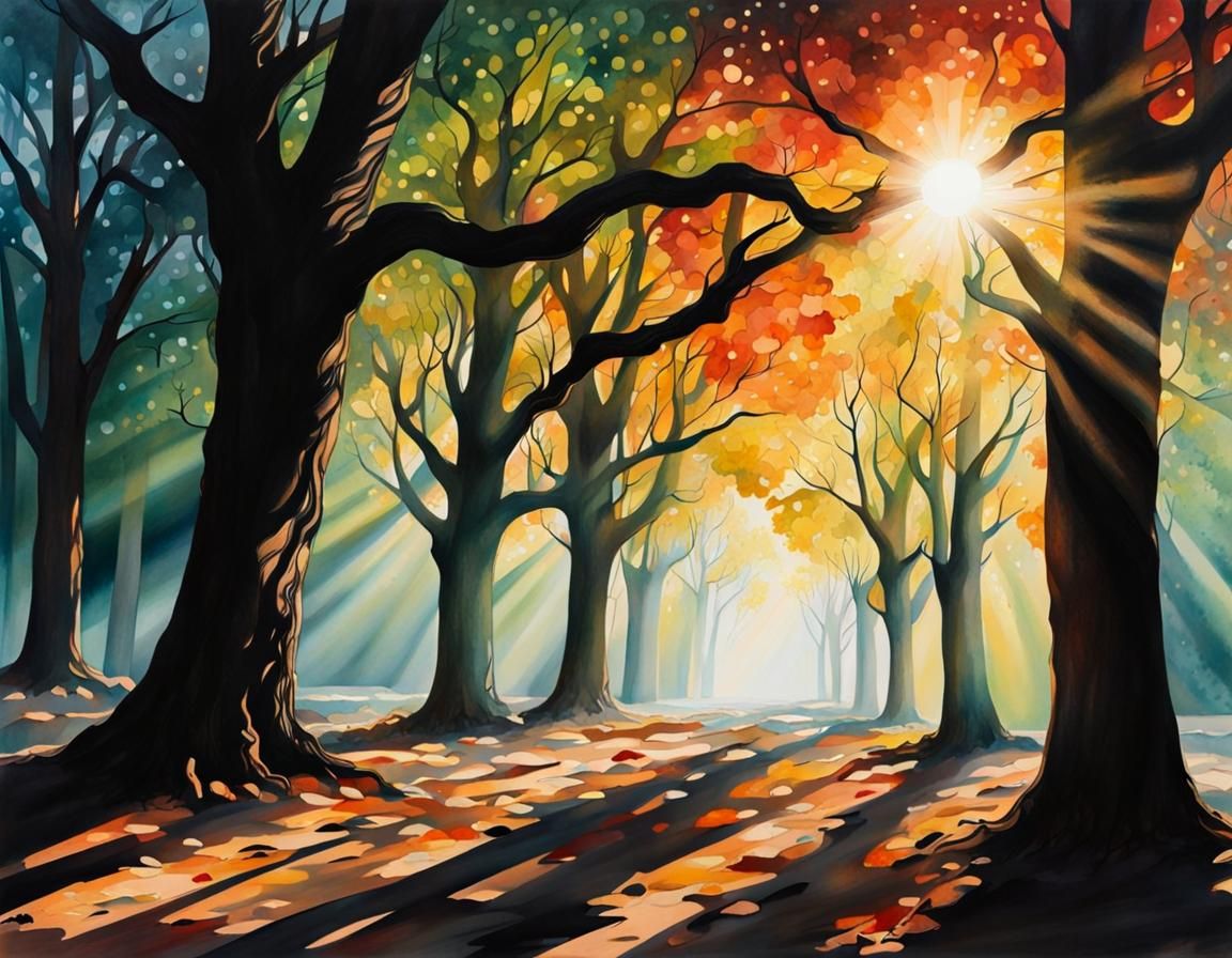 Iridescent Sunlight Through Trees: Modern Ink Painting