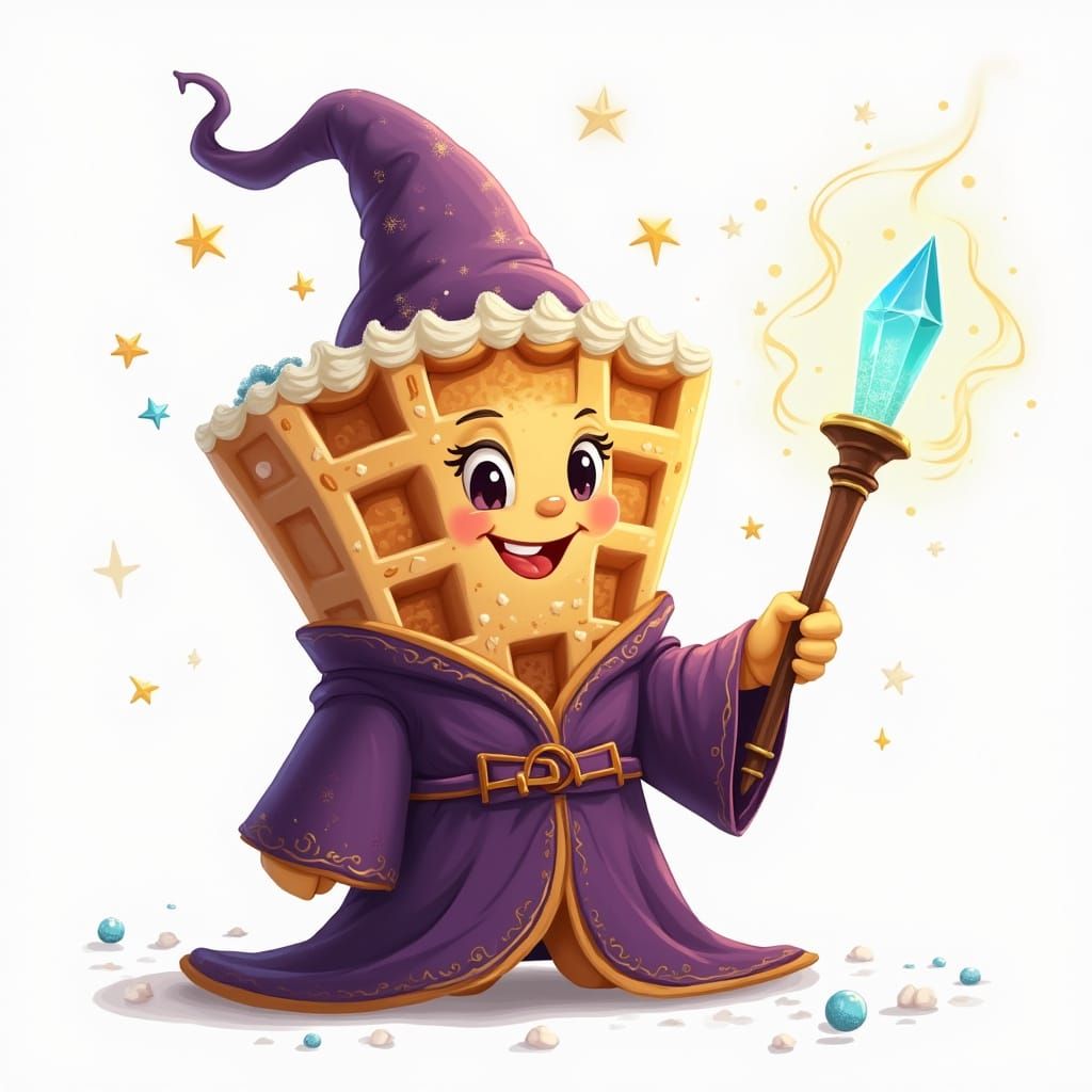 Whimsical Waffle Wizard in Enchanted Purple Robe