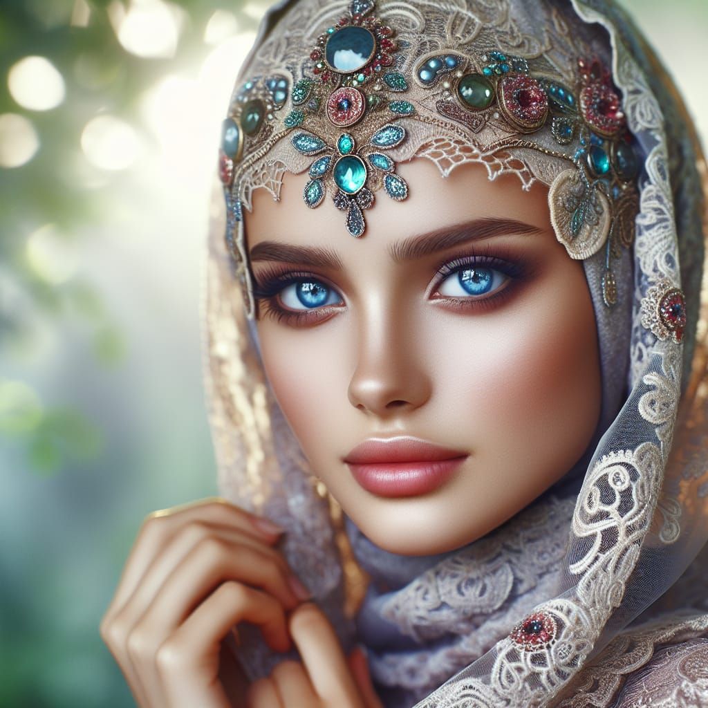 Blue-Eyed Woman in Jewel-Adorned Headscarf