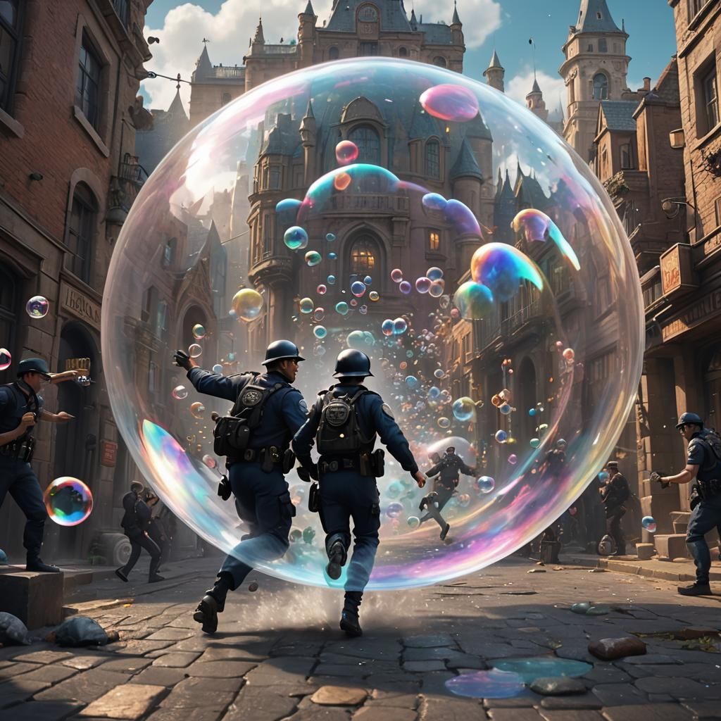 Bubble Art: Policeman Chasing Thief, Detailed Matte Painting