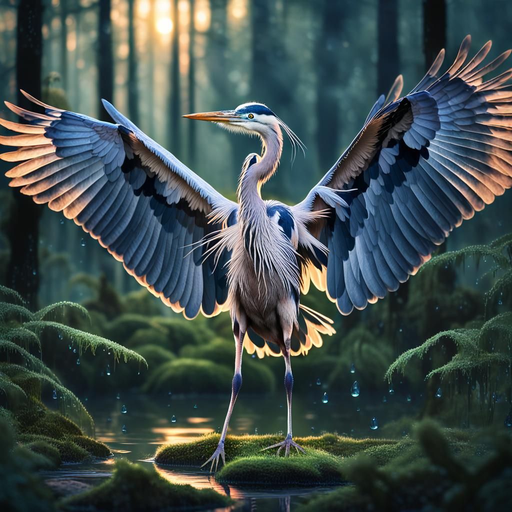Luminous Heron Double Exposure in Forest
